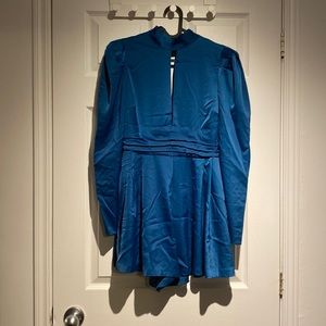 Open back satin blue romper